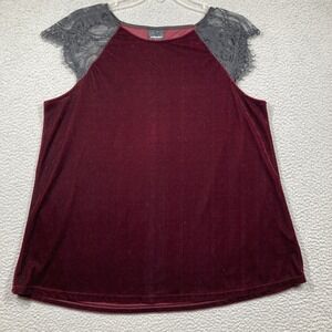 Wallpapher Top Women's Large Burgundy Velvet Black Lace Sleeve Whimsigoth Fairy